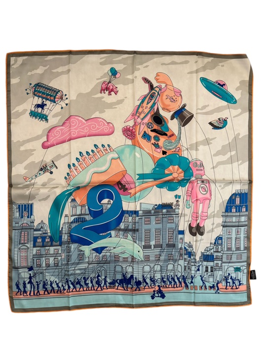 None Accessories - Luxury 90cm Silk Scarf with Teal, Pink & Blue Illustration